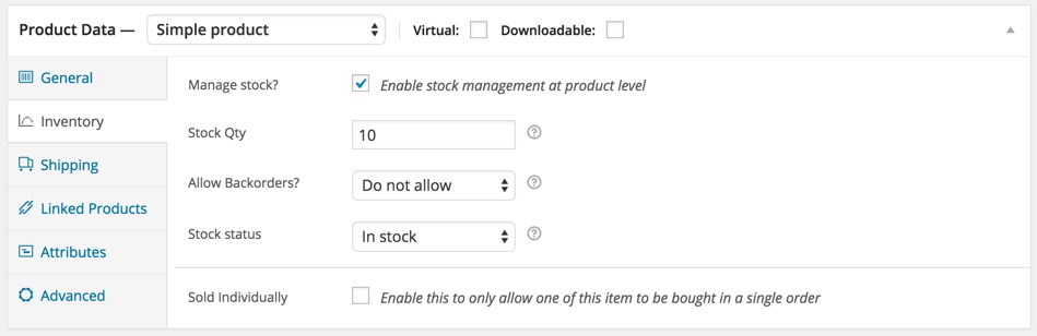 Create physical product with stock level woocommerce