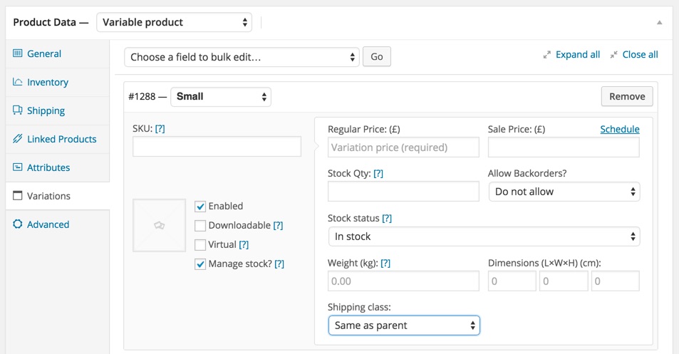 Create variable physical product WooCommerce