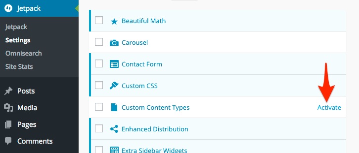 Activating Jetpack Custom Content pieces